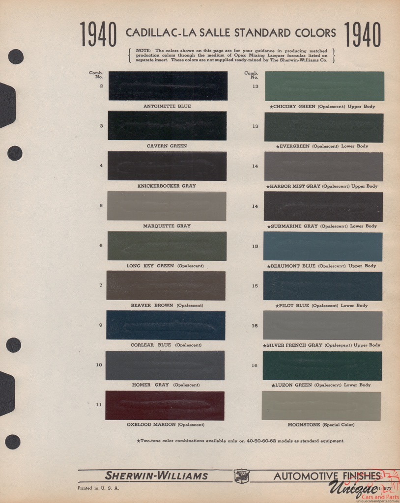 1940 Cadillac Paint Charts Williams 1